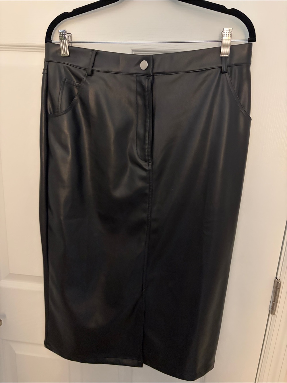 Classic Black Faux Leather Midi Skirt - Women's
